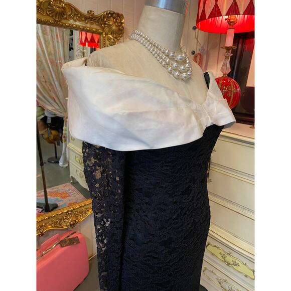 vintage 1980s Tadashi black lace cocktail dress off the shoulders organza s/m - Picture 6 of 9